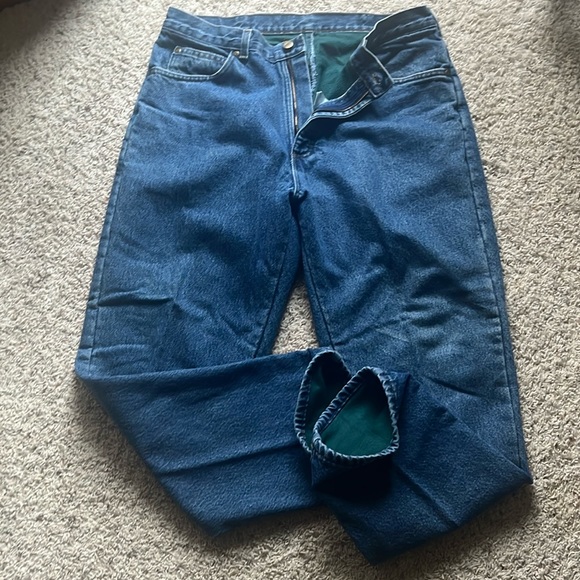 LL Bean Fleece Green Lined Insulated Blue Jeans Mens Size 35/29 EUC - Picture 1 of 9